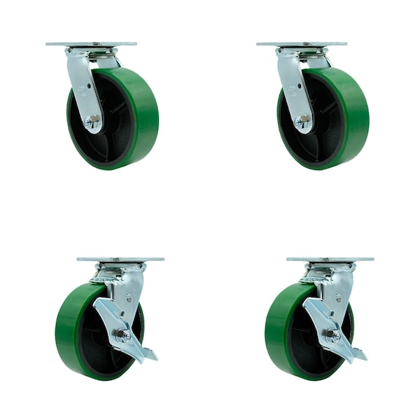6 Inch Green Poly on Cast Iron Swivel Caster Set with Ball Bearings 2 Brakes SCC